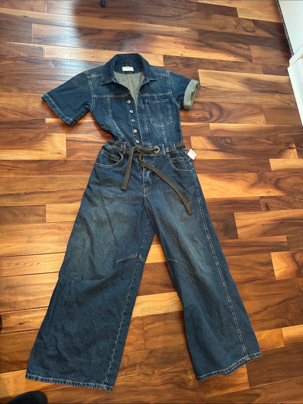 We The Free Dark Blue Denim Short-Sleeve Jumpsuit with Tie Belt